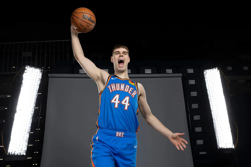 Sep 29, 2025; Oklahoma City, OK, USA; Oklahoma City Thunder guard Nikola Topic poses for a photo during the 2025 Oklahoma City Thunder media day at Paycom Center. Mandatory Credit: Alonzo Adams-Imagn Images