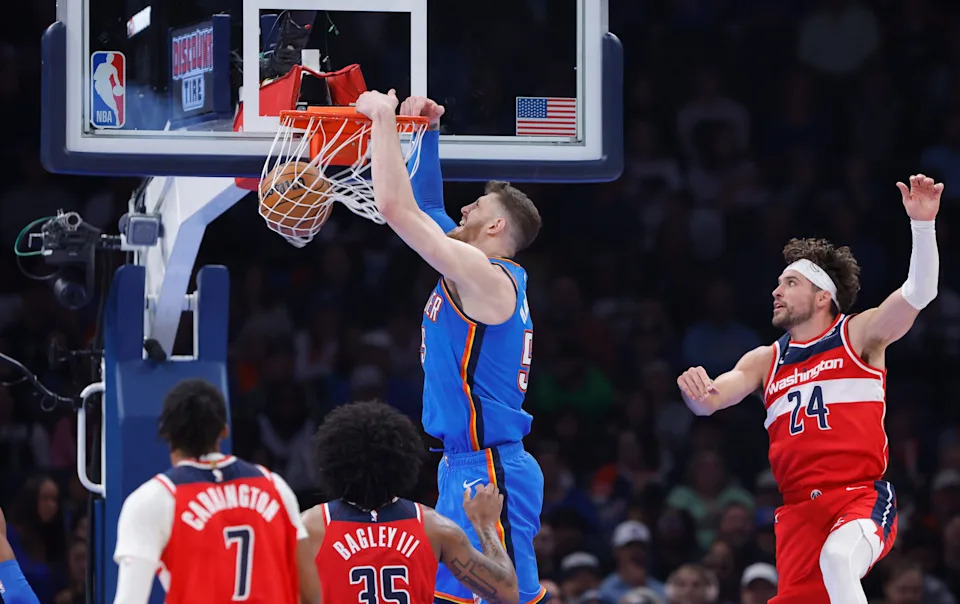 Oct 30, 2025; Oklahoma City, Oklahoma, USA; Oklahoma City Thunder center Isaiah Hartenstein (55) dunks against the Washington Wizards during the second quarter at Paycom Center. Mandatory Credit: Alonzo Adams-Imagn Images