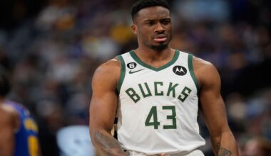 Milwaukee Bucks forward Thanasis Antetokounmpo (43) in the second half of an NBA basketball game Saturday, March 25, 2023, in Denver. (AP Photo/David Zalubowski)