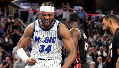 Orlando Magic center Wendell Carter Jr. (34) reacts after making a big play against the Miami Heat during the second half of an NBA basketball game, Wednesday, Oct. 22, 2025, in Orlando, Fla. (AP Photo/John Raoux)