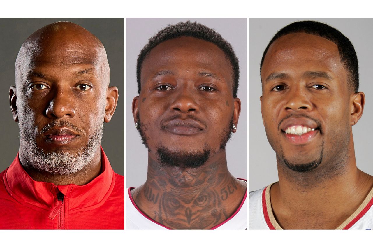 This combo of images shows, from left, Portland Trail Blazers head coach Chauncey Billups, Miami Heat guard Terry Rozier and former Cleveland Cavaliers' Damon Jones.