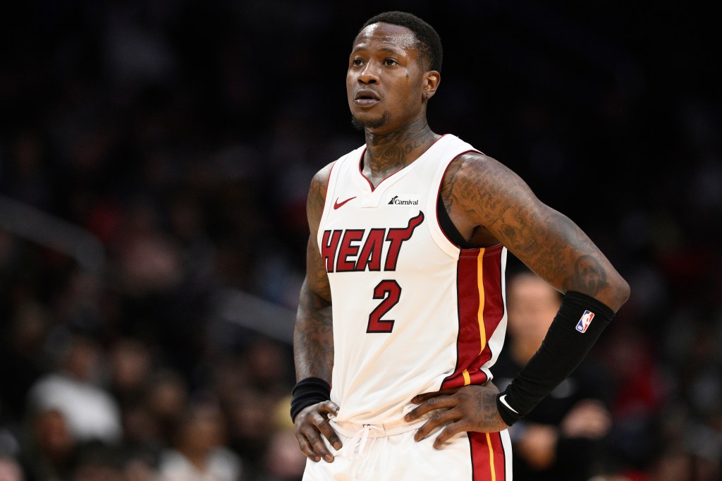 Miami Heat guard Terry Rozier (2) looks on during the second half of an NBA basketball game against the Washington Wizards, Sunday, March 31, 2024, in Washington. 