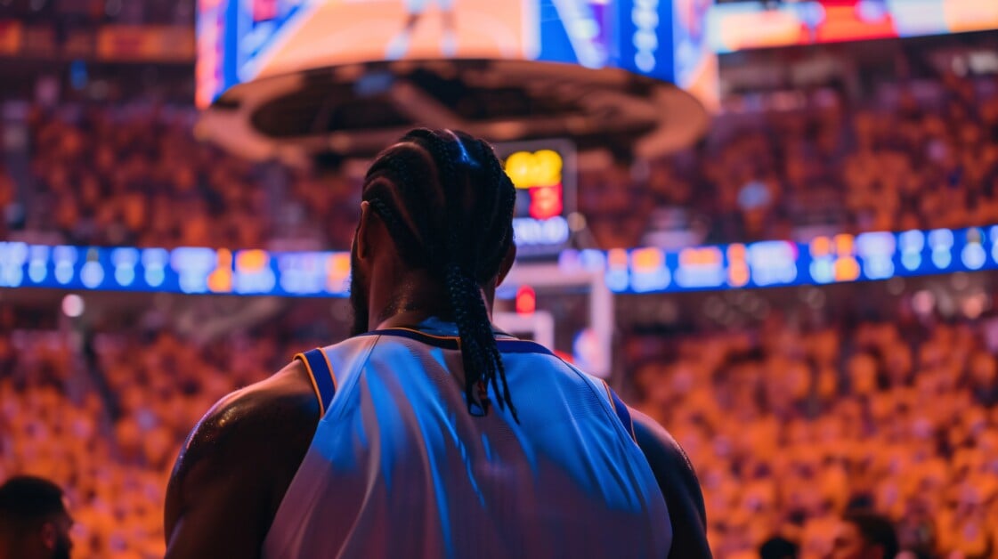 A basketball player with braided hair stands on the court facing away, with a brightly lit stadium and scoreboard in the background.