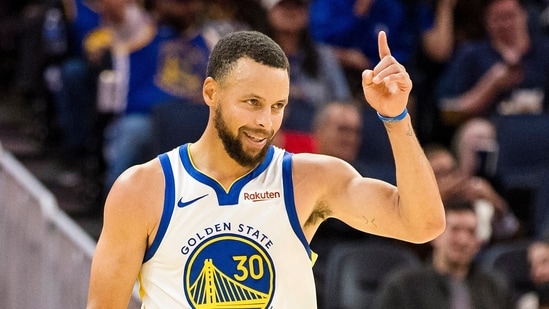Golden State Warriors guard Stephen Curry gestures during the second quarter against the Portland Trail Blazers at Chase Center. (IMAGN IMAGES via Reuters Connect)