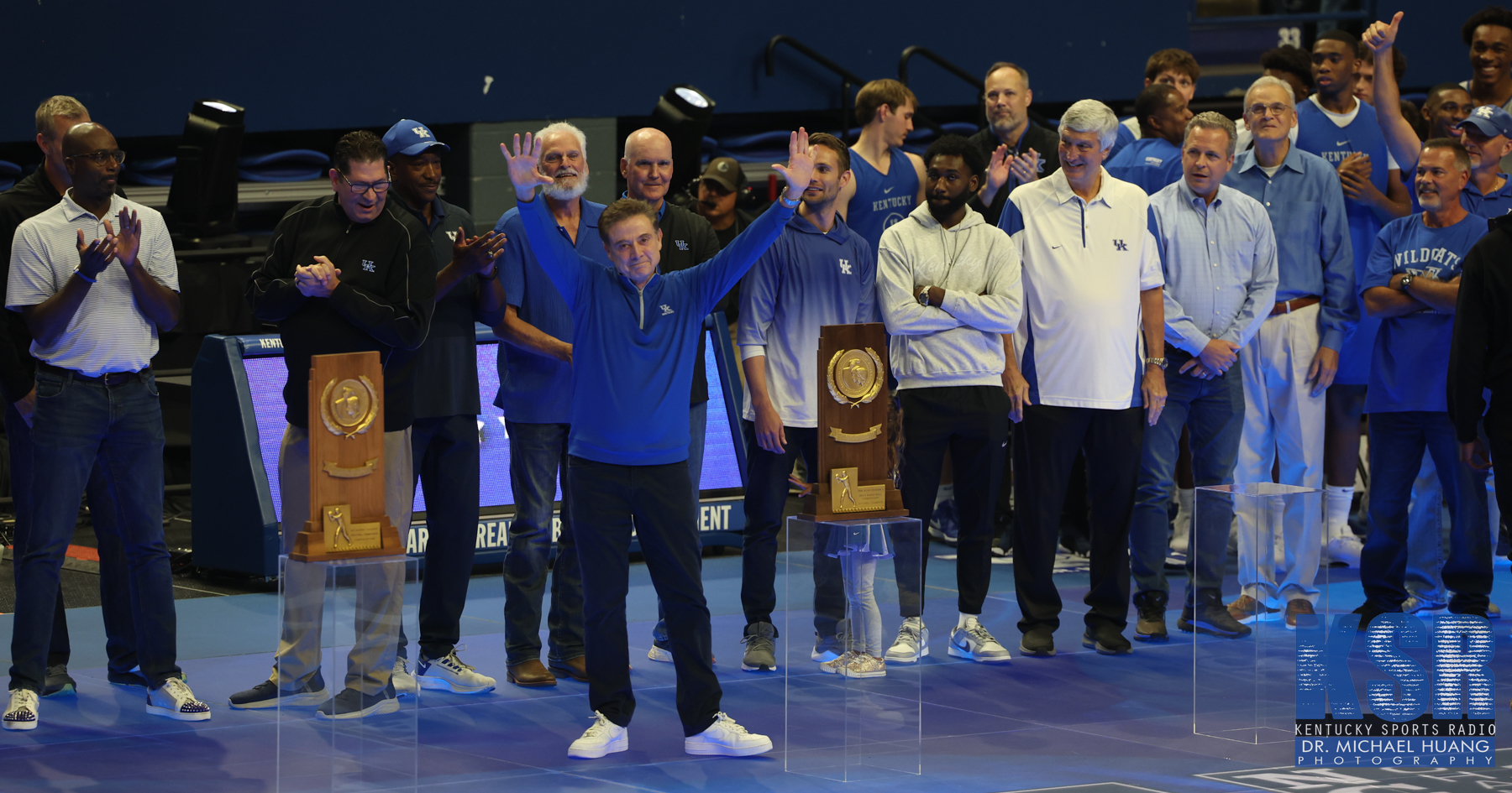 Mar 20, 2025; Milwaukee, WI, USA; Kentucky Wildcats head coach Mark Pope looks on during NCAA Tournament First Round Practice at Fiserv Forum. Mandatory Credit: Jeff Hanisch-Imagn Images