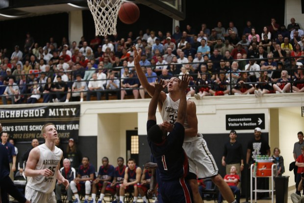 Archbishop Mitty's Aaron Gordon (32) goes up for a basket against Modesto Christian TJ Wallace (1) in the second quarter of the NorCal Boys Open Division semifinal basketball game at Archbishop Mitty High School in San Jose, Calif., on Tuesday, March 12, 2013. (Josie Lepe/Staff)