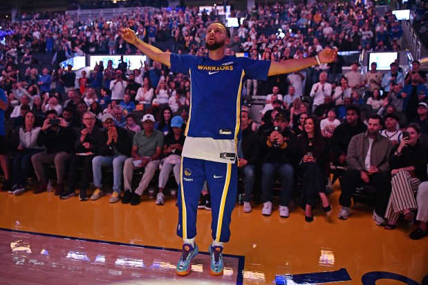 Golden State Warriors' Stephen Curry (30) is introduced before the start of their preseason NBA game at Chase Center in San Francisco, Calif., on Sunday, Oct. 5, 2025. (Jose Carlos Fajardo/Bay Area News Group)