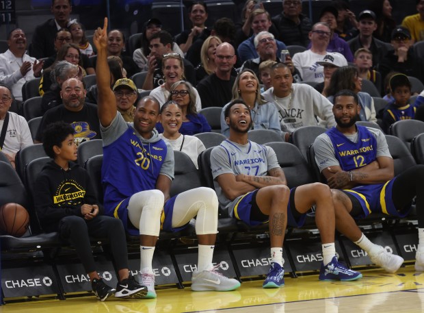 Golden State Warriors' Al Horford #20 gestures to fans during...
