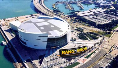 Aerial view of the home of the Miami Heat altered to show the logo of porn production company BangBros on the roof and signage.
