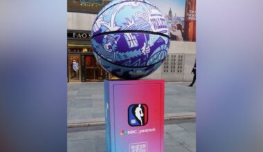 Trent Call's Utah Jazz-themed basketball is on display in New York City on Friday, Oct. 17, 2025. (...