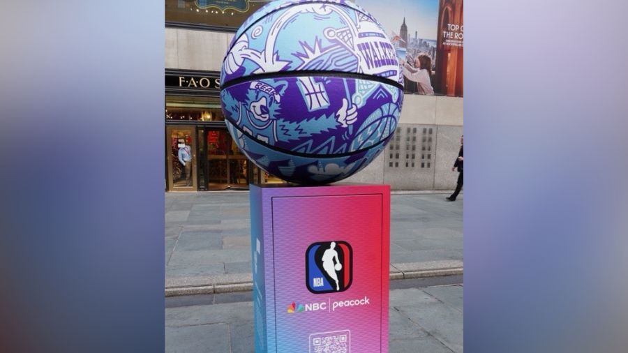 Trent Call's Utah Jazz-themed basketball is on display in New York City on Friday, Oct. 17, 2025. (...