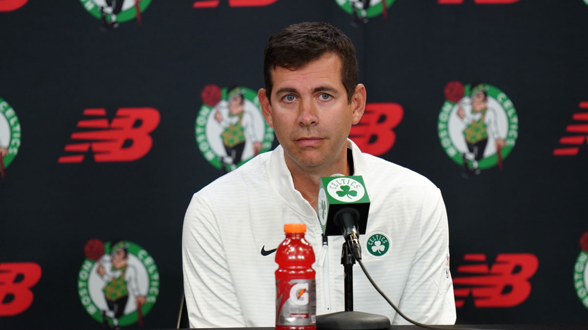 Boston Celtics general manager Brad Stevens talks to reporters during media day at Auerbach Center.