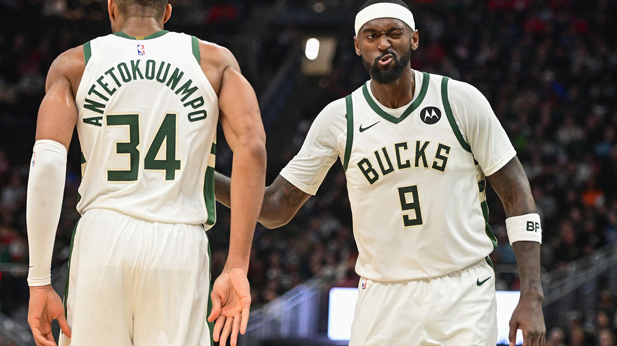 Bucks forward Bobby Portis (9) reacts with forward Giannis Antetokounmpo (34) after scoring a basket in the fourth quarter against the Chicago Bulls at Fiserv Forum