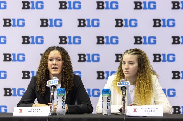 Illinois forward Berry Wallace, left, and guard Gretchen Dolan answer questions during Big Ten women's basketball media day Wednesday, Oct. 8. 2025, at the Donald E. Stephens Convention Center in Rosemont. (Dominic Di Palermo/Chicago Tribune)