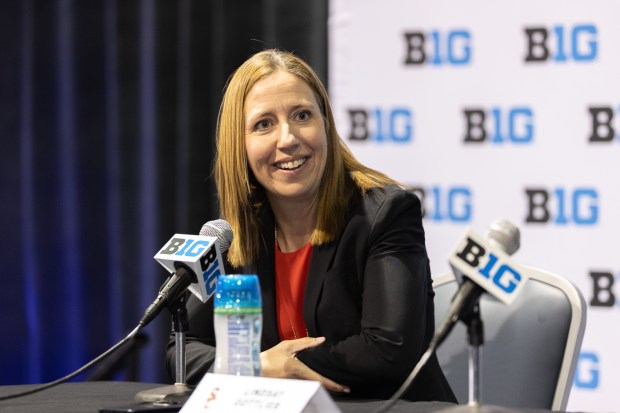 USC coach Lindsay Gottlieb answers questions during Big Ten women's basketball media day Wednesday, Oct. 8. 2025, at the Donald E. Stephens Convention Center in Rosemont. (Dominic Di Palermo/Chicago Tribune)
