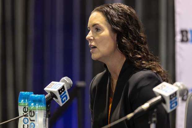Illinois coach Shauna Green answers questions during Big Ten women's basketball media day Wednesday, Oct. 8. 2025, at the Donald E. Stephens Convention Center in Rosemont. (Dominic Di Palermo/Chicago Tribune)
