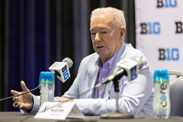 Northwestern coach Joe McKeown answers questions from media during Big Ten women's basketball media day Wednesday, Oct. 8. 2025, at the Donald E. Stephens Convention Center in Rosemont. (Dominic Di Palermo/Chicago Tribune)