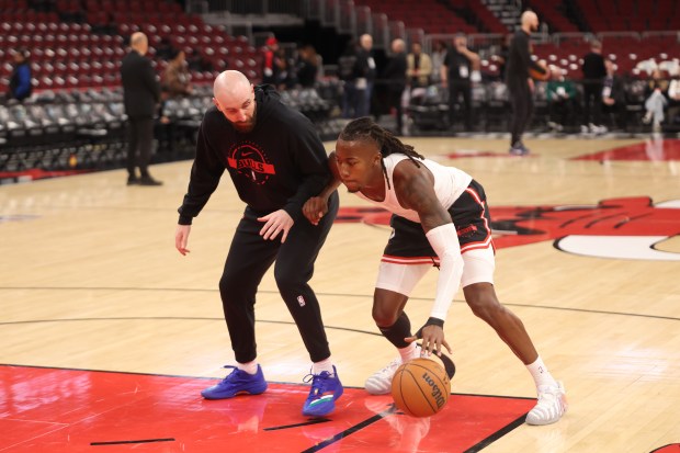 Chicago Bulls guard Ayo Dosunmu (11) drives the lane during practice before a game against the Atlanta Hawks, Monday, Oct. 27, 2025, at the United Center in Chicago. (Dominic Di Palermo/Chicago Tribune)