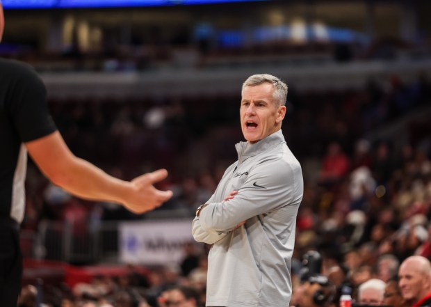 Chicago Bulls Head Coach Billy Donovan questions a reg's call in the first half during a game against the Atlanta Hawks, Monday, Oct. 27, 2025, at the United Center in Chicago. (Dominic Di Palermo/Chicago Tribune)