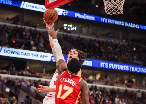 Chicago Bulls guard Josh Giddey (3) goes up for a layup and misses in the first quarter during a game against the Atlanta Hawks, Monday, Oct. 27, 2025, at the United Center in Chicago. (Dominic Di Palermo/Chicago Tribune)