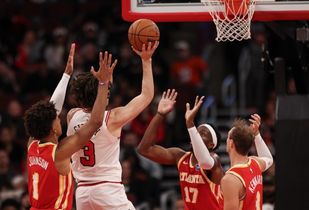 Chicago Bulls guard Josh Giddey (3) makes a contested layup in the fourth quarter during a game against the Atlanta Hawks, Monday, Oct. 27, 2025, at the United Center in Chicago. (Dominic Di Palermo/Chicago Tribune)