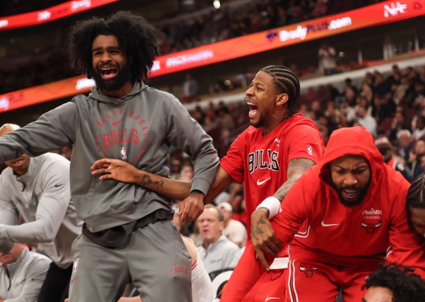 The Chicago Bulls bench reacts after Chicago Bulls guard Tre Jones (30) fell in front of them in the fourth quarter during a game against the Atlanta Hawks, Monday, Oct. 27, 2025, at the United Center in Chicago. (Dominic Di Palermo/Chicago Tribune)