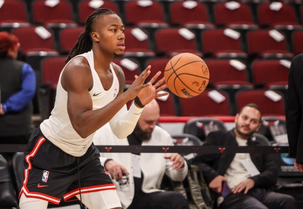 Chicago Bulls guard Ayo Dosunmu (11) receives a pass during practice before a game against the Atlanta Hawks, Monday, Oct. 27, 2025, at the United Center in Chicago. (Dominic Di Palermo/Chicago Tribune)