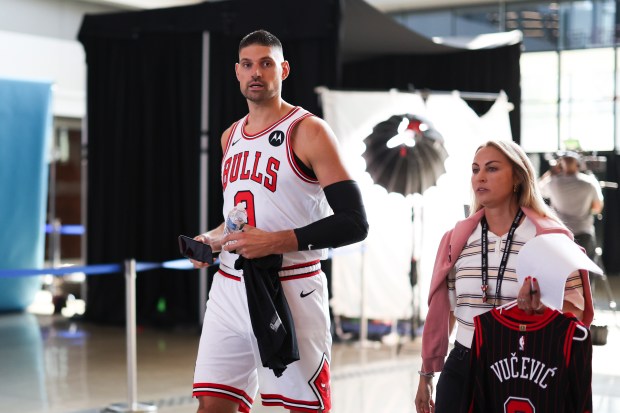 Bulls' Nikola Vučević walks through the atrium during media day at the United Center on Sept. 29, 2025. (Eileen T. Meslar/Chicago Tribune)
