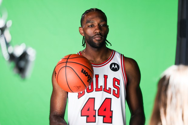 Bulls forward Patrick Williams records video clips during media day at the United Center on Monday, Sept. 29, 2025. (Eileen T. Meslar/Chicago Tribune)