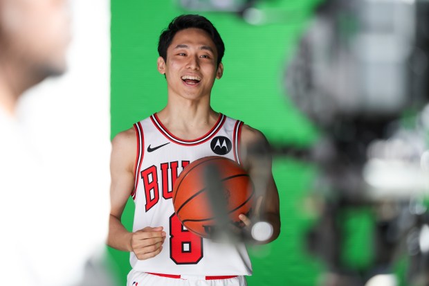 Bulls guard Yuki Kawamura records video clips during media day at the United Center on Monday, Sept. 29, 2025. (Eileen T. Meslar/Chicago Tribune)