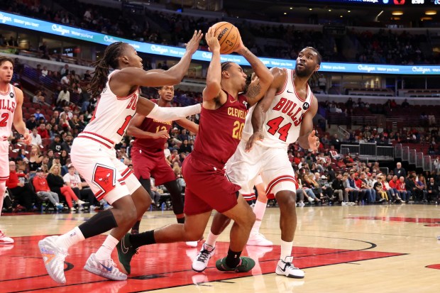 The Cavaliers' Jaylon Tyson (20) is fouled by Bulls forward Patrick Williams (44) in a preseason game Oct. 9, 2025, at the United Center. (Terrence Antonio James/Chicago Tribune)