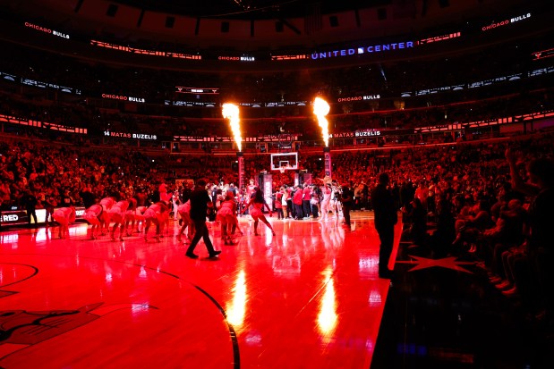 Flames shoot above the court during player introductions before the Chicago Bulls play the Detroit Pistons in the home opener at the United Center Wednesday Oct. 22, 2025 in Chicago. (Armando L. Sanchez/Chicago Tribune)