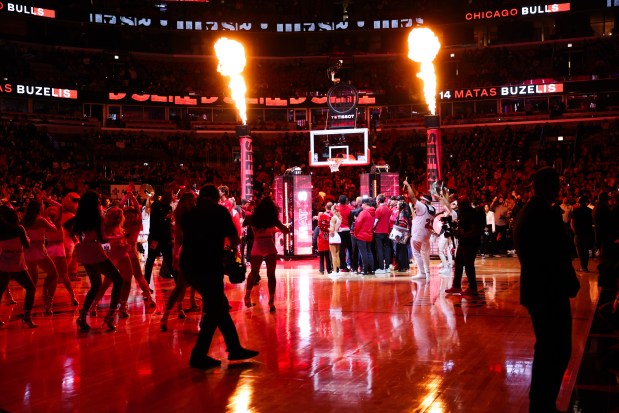 Flames shoot above the court during player introductions before the Chicago Bulls play the Detroit Pistons in the home opener at the United Center Wednesday Oct. 22, 2025 in Chicago. (Armando L. Sanchez/Chicago Tribune)