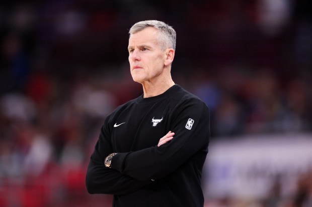 Chicago Bulls head coach Billy Donovan walks near the court during the first quarter of the home opener against the Detroit Pistons at the United Center Wednesday Oct. 22, 2025 in Chicago. (Armando L. Sanchez/Chicago Tribune)