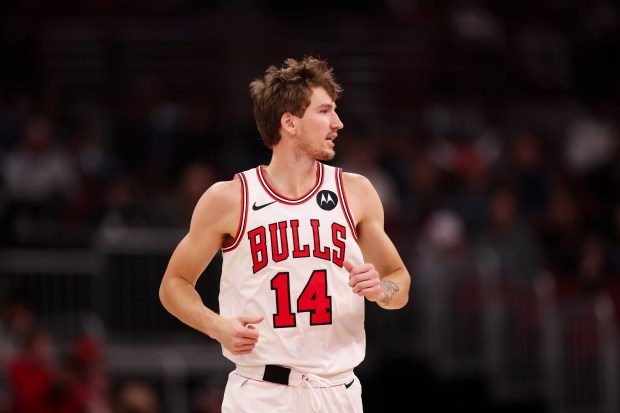 Chicago Bulls forward Matas Buzelis (14) runs on the court during the first quarter against the Minnesota Timberwolves at the United Center Thursday Oct. 16, 2025, in Chicago. (Armando L. Sanchez/Chicago Tribune)