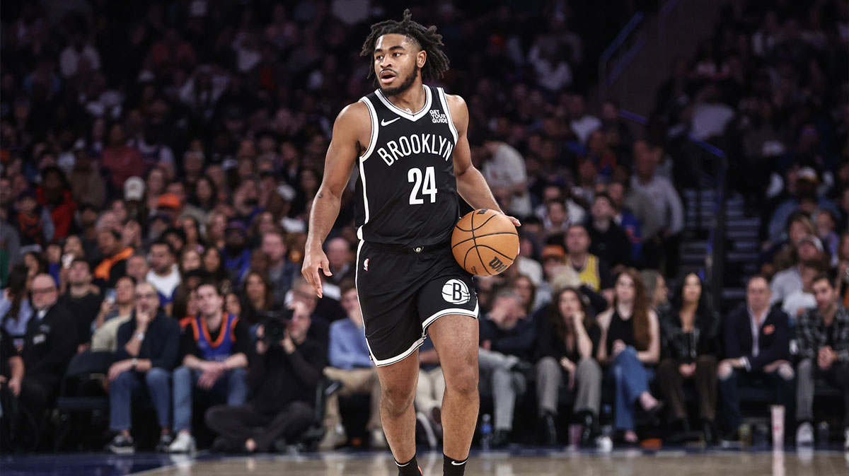 Nov 17, 2024; New York, New York, USA; Brooklyn Nets guard Cam Thomas (24) brings the ball up in the second quarter against the New York Knicks at Madison Square Garden. Mandatory Credit: Wendell Cruz-Imagn Images