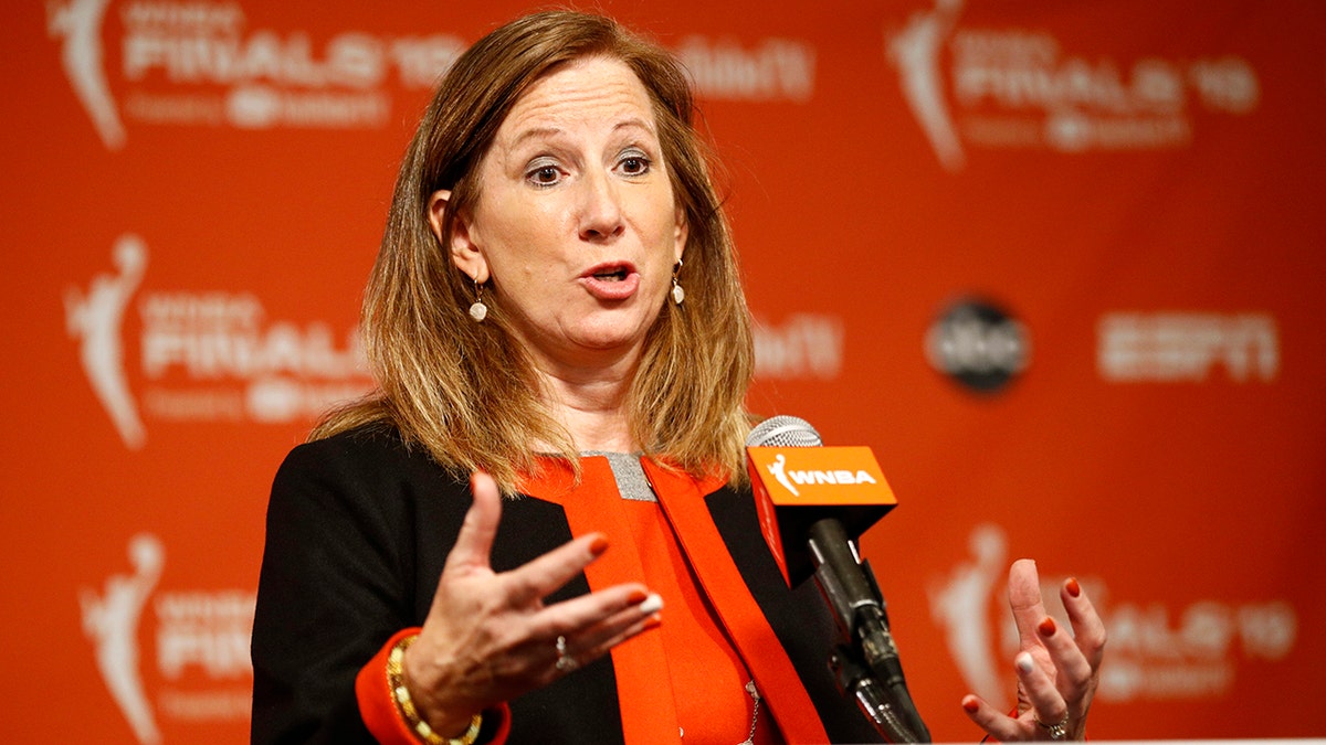 WNBA Commissioner Cathy Engelbert at a news conference