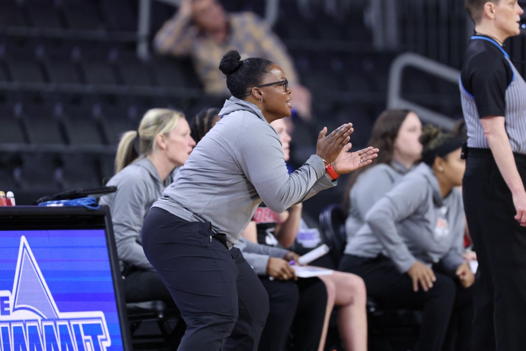 Denver women's basketball coach Dosha Woods directs her team during the 2025 Summit League Tournament in Sioux Falls, SD in March 2025.
