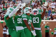 North Texas tight end Brandon Young Jr. (87) celebrates a touchdown against Washington State...
