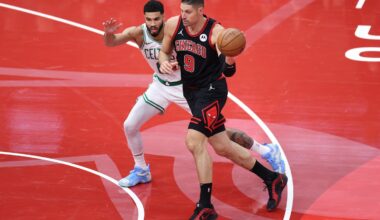 Nikola Vucevic (No. 9) hit 6 of 9 shots from 3-point range to test Jayson Tatum and the Celtics in Friday night's NBA Cup matchup in Chicago.