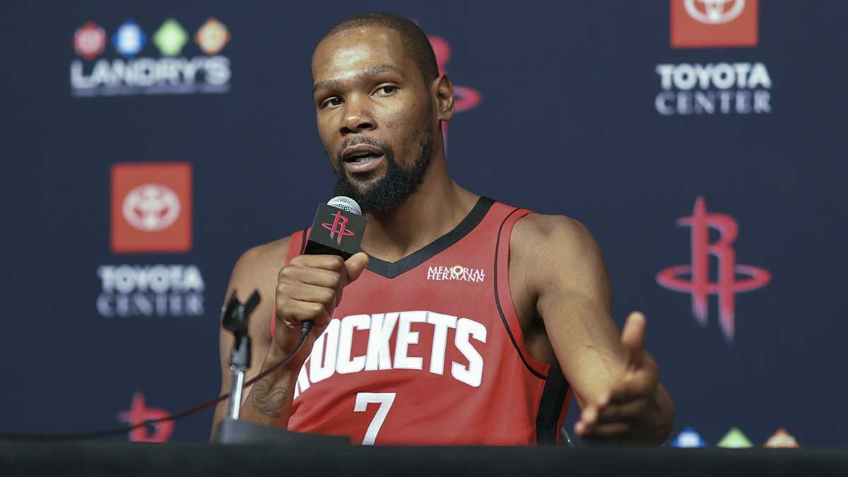 Houston Rockets forward Kevin Durant (7) talks to media during Houston Rockets media day at Toyota Center.
