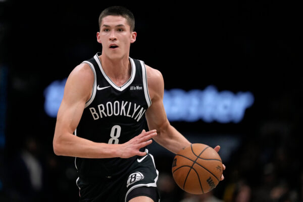 Brooklyn Nets' Egor Dëmin (8) looks to pass during the second half of an NBA basketball game against the Cleveland Cavaliers Friday, Oct. 24, 2025, at Barclays Center in New York. (AP Photo/Frank Franklin II)
