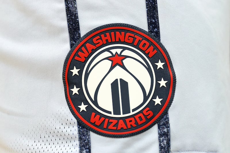 MINNEAPOLIS, MINNESOTA - FEBRUARY 01: A detailed view of the Washington Wizards logo in the fourth quarter against the Minnesota Timberwolves at Target Center on February 01, 2025 in Minneapolis, Minnesota. The Wizards defeated the Timberwolves 105-103. NOTE TO USER: User expressly acknowledges and agrees that, by downloading and or using this photograph, User is consenting to the terms and conditions of the Getty Images License Agreement. (Photo by David Berding/Getty Images)