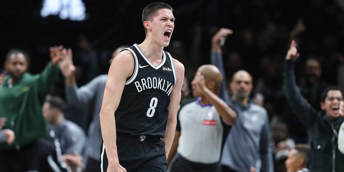 Brooklyn Nets guard Egor Demin (8) celebrates after scoring in the fourth quarter against the Cleveland Cavaliers at Barclays Center.