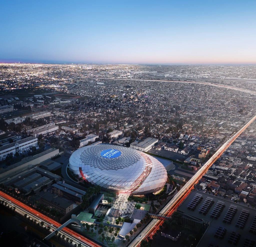 An aerial view of Inglewood, with the Intuit Dome in the foreground. 
