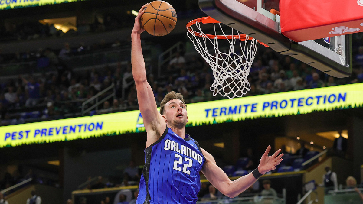 Orlando Magic forward Franz Wagner (22) dunks against the Boston Celtics during the second quarter of game three of first round for the 2024 NBA Playoffs at Kia Center.