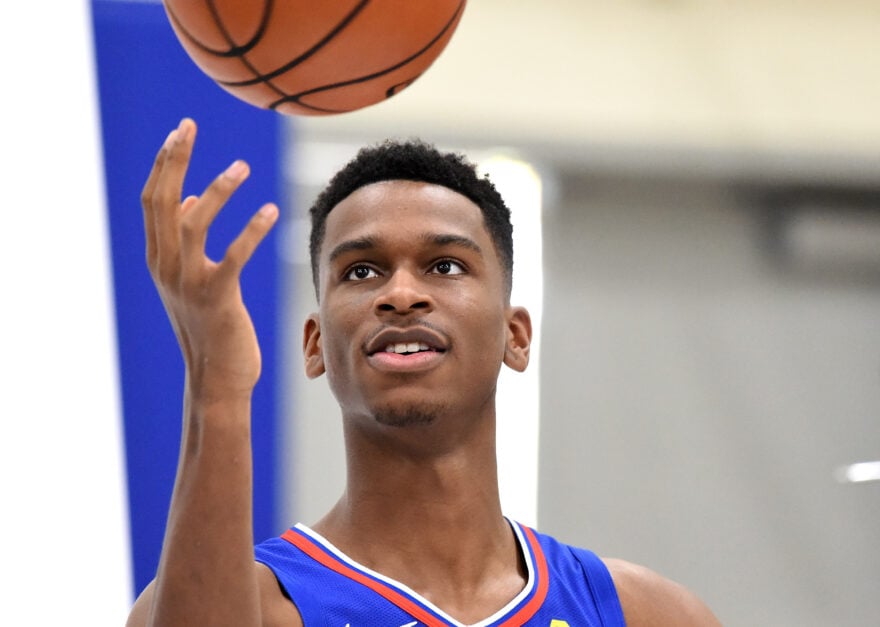 Shai Gilgeous-Alexander #2 of the Los Angeles Clippers poses for photos during media day at the Los Angeles Clippers Training Center.