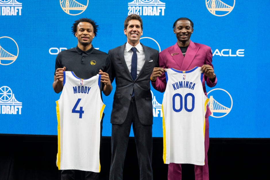 Moses Moody, Golden State Warriors general manager Bob Myers and Jonathan Kuminga at Chase Center.