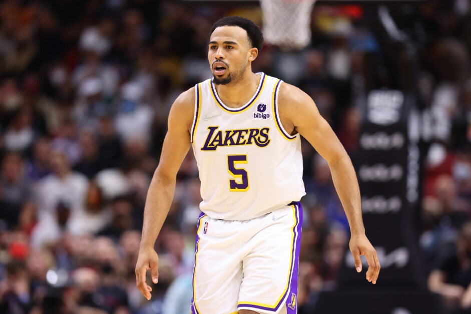 Talen Horton-Tucker #5 of the Los Angeles Lakers in action against the Miami Heat at FTX Arena.