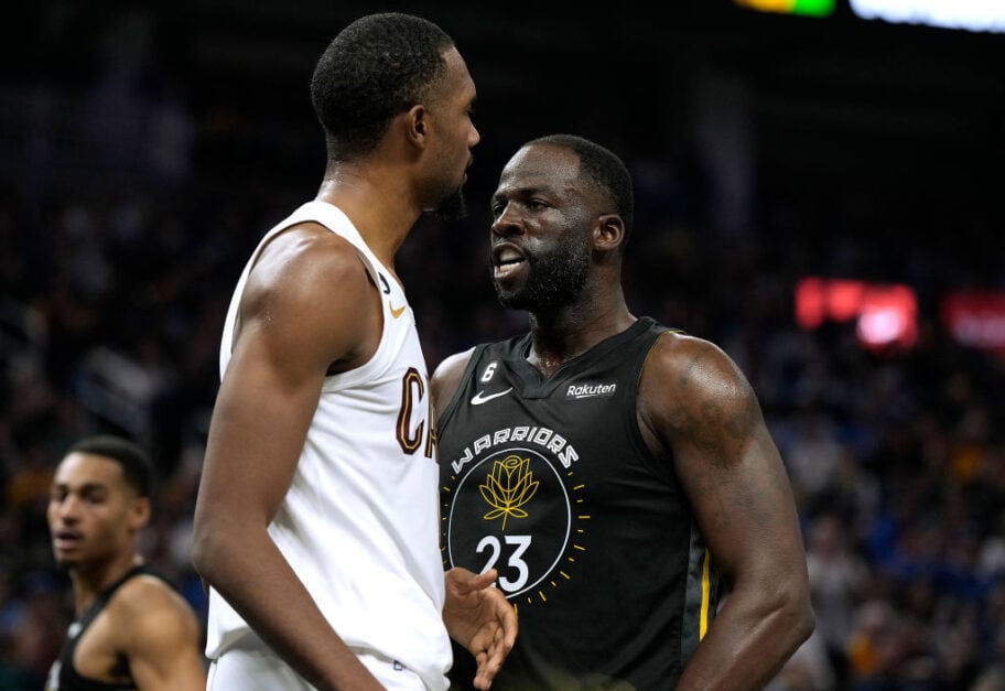 Draymond Green #23 of the Golden State Warriors reacts in the face of Evan Mobley #4 of the Cleveland Cavaliers after Mobley lost the ball out of bounds in the second quarter of an NBA basketball game at Chase Center on November 11, 2022 in San Francisco, California.